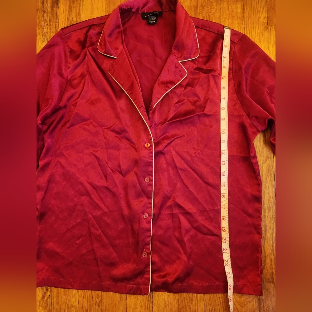 Burgundy Red Satin Long Sleeve Two Piece Pajama Pant Set w/White Trim Size M - Picture 5 of 13